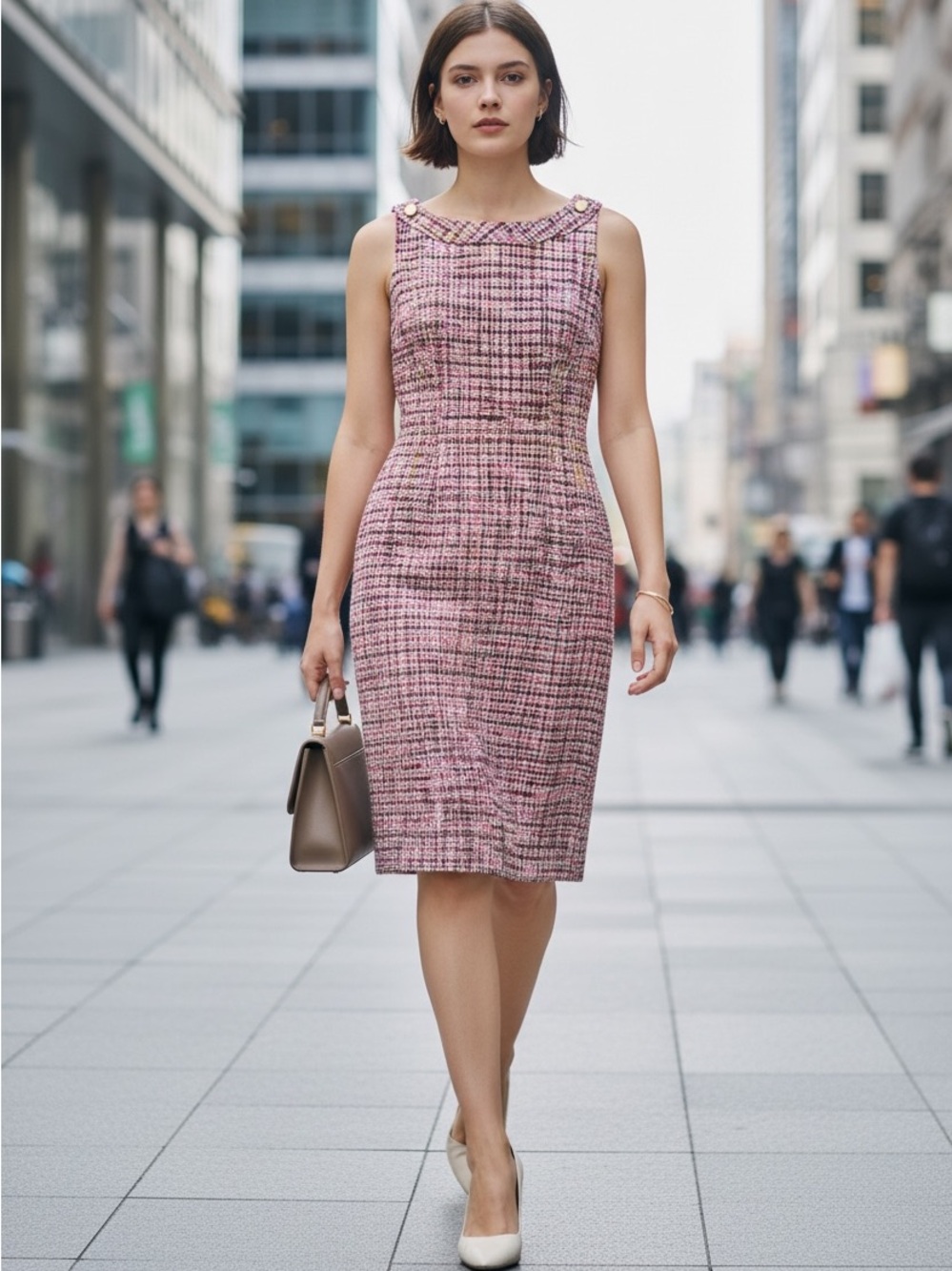 RSVP by Talbots Tweed Sheath Dress Pink Boucle Gold Button Size 4